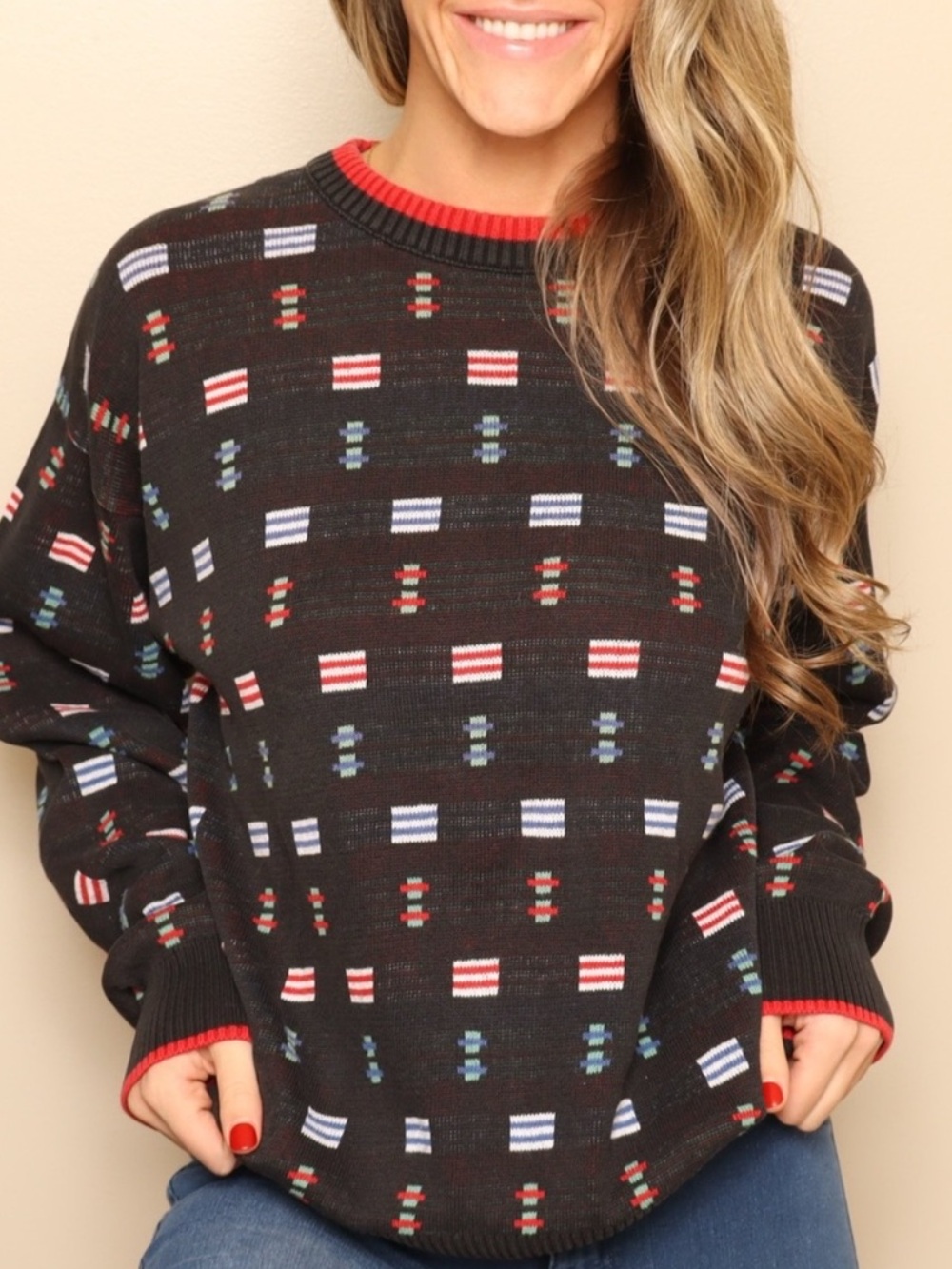 Vintage London Fog 100% Cotton Geometric Knit Crewneck Sweater Made in USA